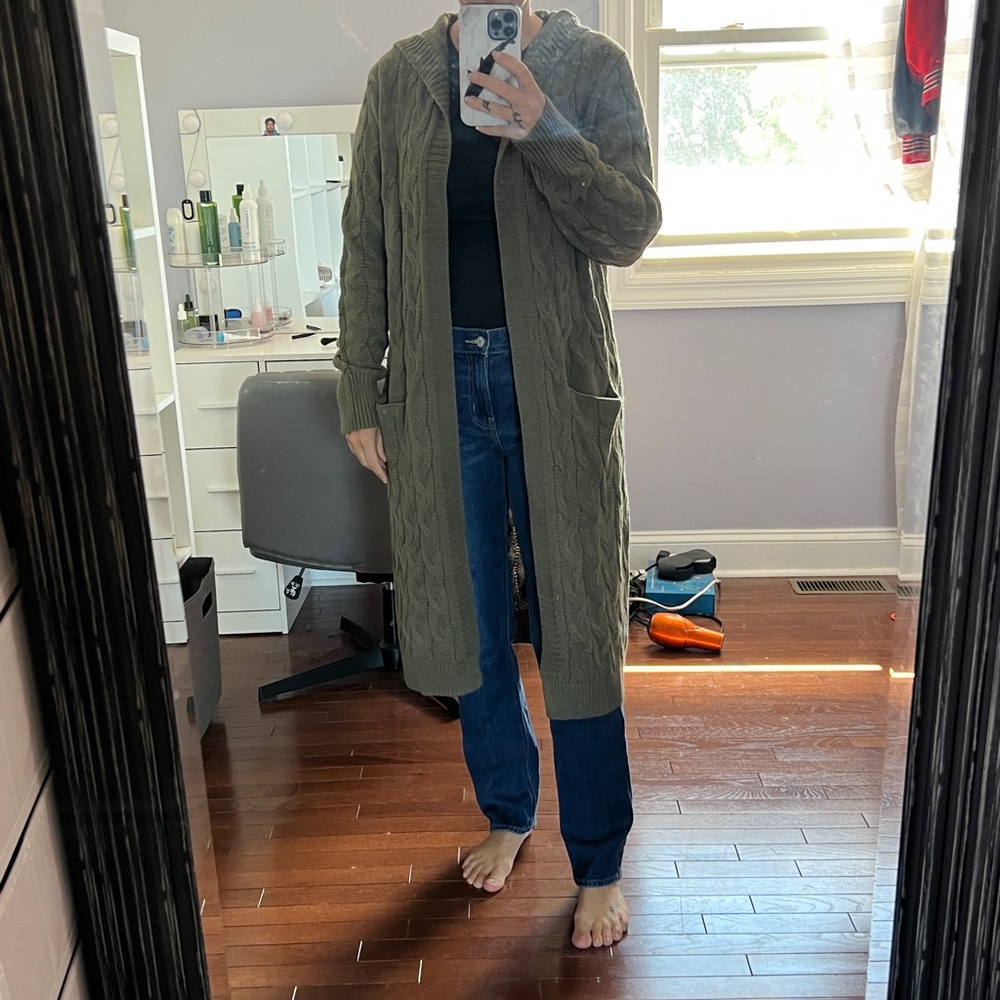 Long Olive Green Cable Knit Long Cardigan